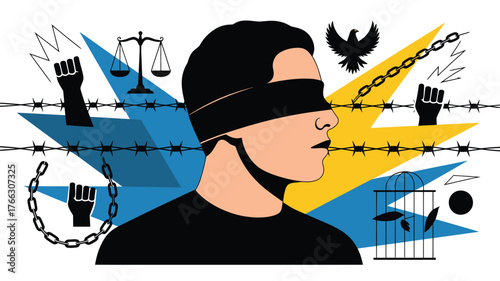 Blindfolded Man Surrounded by Symbols of Justice, Freedom, and Oppression in Illustration
