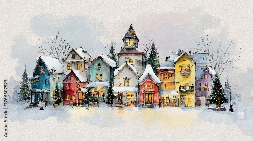 Fototapeta premium A watercolor of a Christmas village