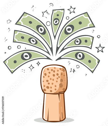 Celebratory champagne cork exploding with green money bills and sparkly stars for financial success