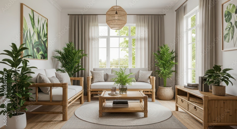 Naklejka premium Serene and inviting living room design featuring natural light comfortable seating and lush indoor plants creating a tranquil modern home oasis