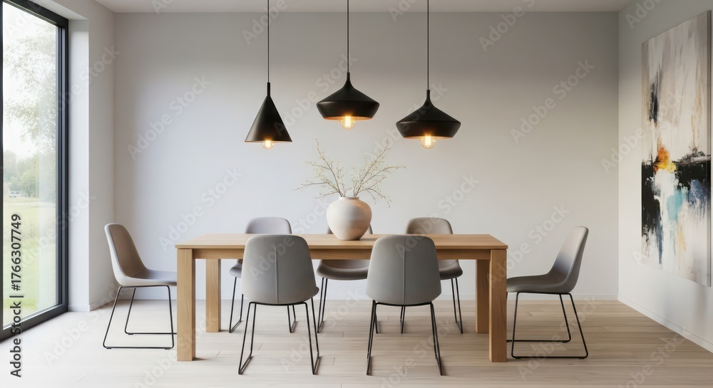 Fototapeta premium Modern dining room interior with wooden table, minimalist grey chairs and black pendant lights, contemporary home design