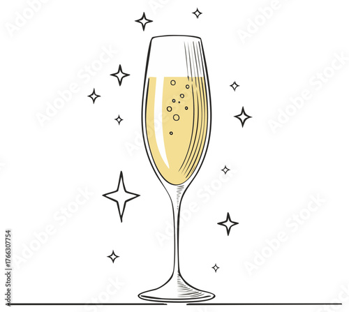Artistic sketch of a champagne flute filled with bubbly yellow liquid and surrounded by twinkling stars for celebration