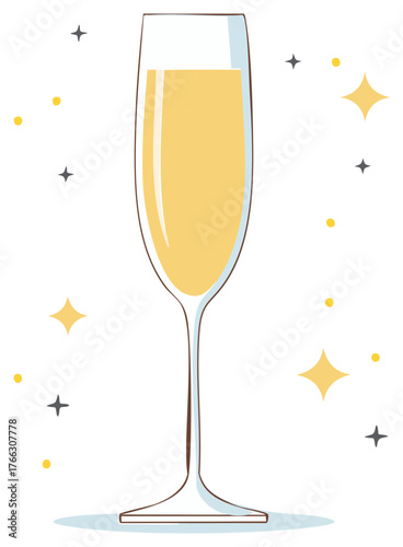 Elegant sparkling champagne flute with festive bubbles and stars vector illustration