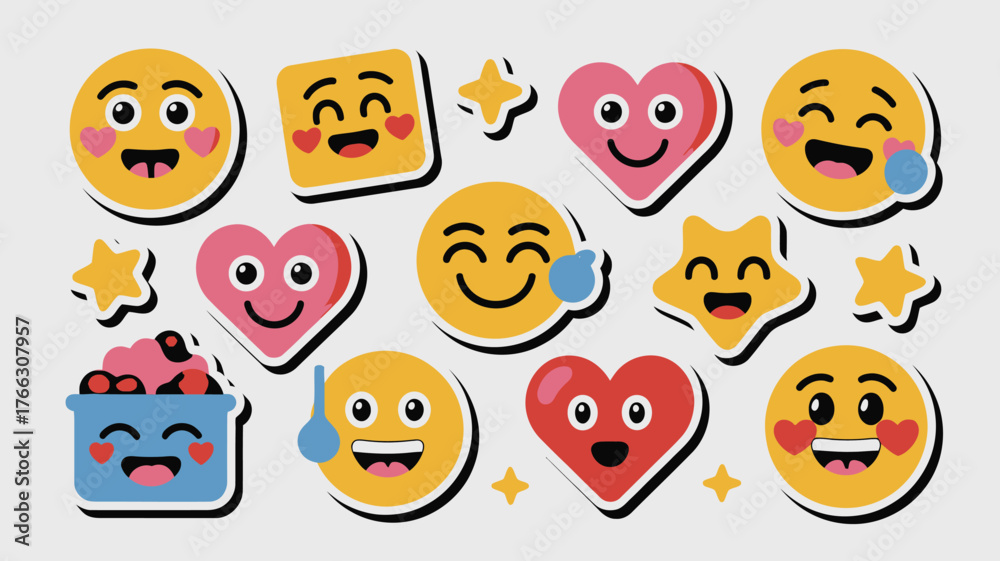 Obraz premium Cartoon Emoji Set Featuring Smiling Hearts, Stars, Faces, Pot of Sweets, Flat Design on Light Background