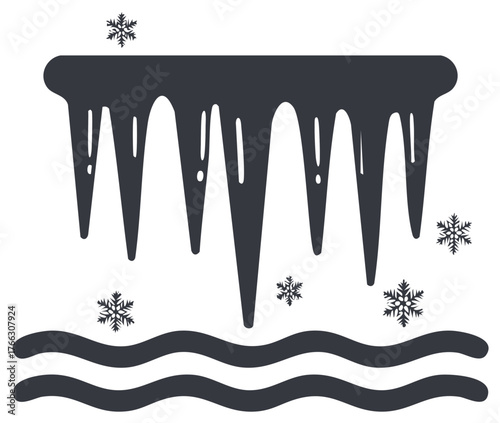 Dripping icicles and falling snowflakes above wavy lines representing water or ice