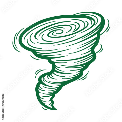 A green doodle tornado symbolizing severe weather and natural disasters on a white background