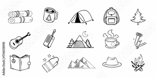 Collection of hand drawn camping and outdoor adventure icons with a whimsical sketch style