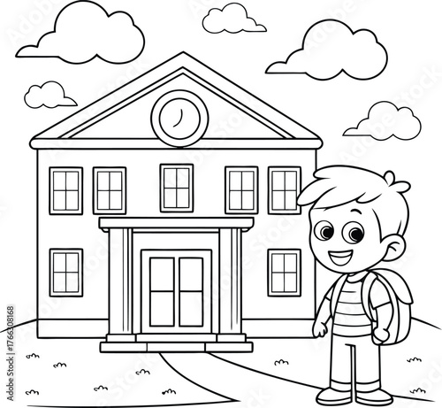 Happy cartoon boy with backpack standing outside a school building with clouds in the sky ready for education