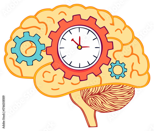 Brain with gears and clock, representing ideas, time management, and problem solving