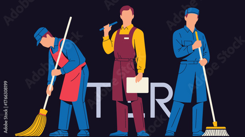 Cartoon Illustration of Janitorial Staff with Brooms and Clipboard on Dark Background
