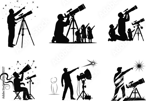 Astronomers and children observing stars and planets through telescope, night sky stargazing science education and astronomy exploration vector illustration