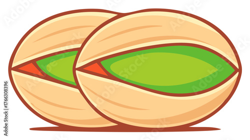 Two Pistachio Nuts with Open Shells Showing Green Kernels and Red Skin in a Whimsical Cartoon Style