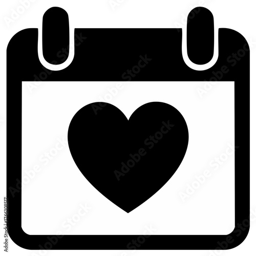 Calendar icon with a black heart symbol representing love romance or important date scheduling