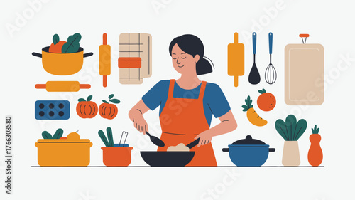 Cartoon Woman Cooking Stir Fry with Kitchen Utensils and Vegetables Illustration