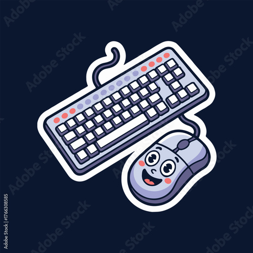 Cartoon keyboard and mouse with smiling face on a dark background in sticker style illustration