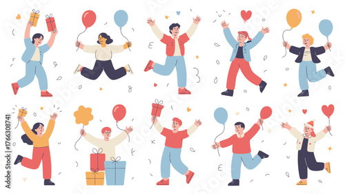 Cheerful Cartoon People Celebrating with Balloons and Gifts, Jumping and Raising Arms with Excitement