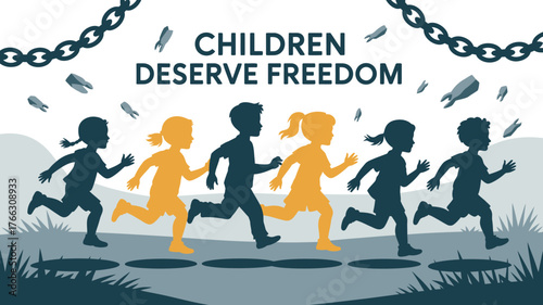 Children Deserve Freedom Silhouette of Children Running Away from Chains for Liberation and Rights