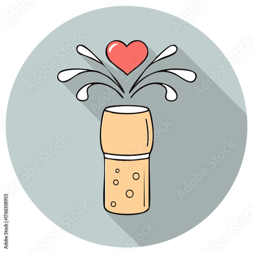 Love celebration icon with popping cork heart and effervescent splashes flat design style