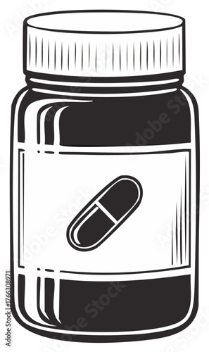 Pill Bottle Container Icon: Black and White Vector Illustration of Medication