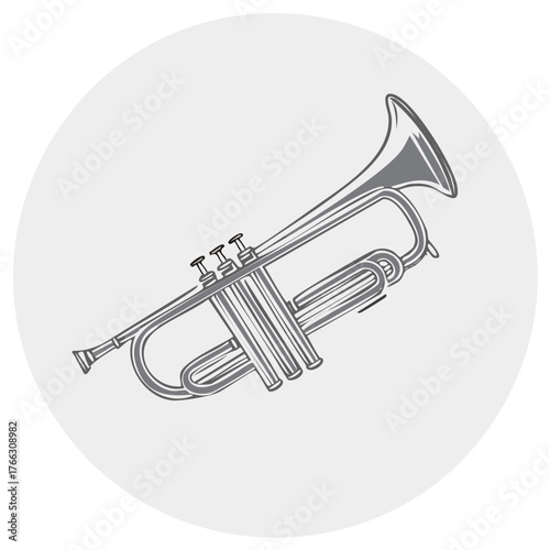 Stylized illustration of a silver trumpet with three valves