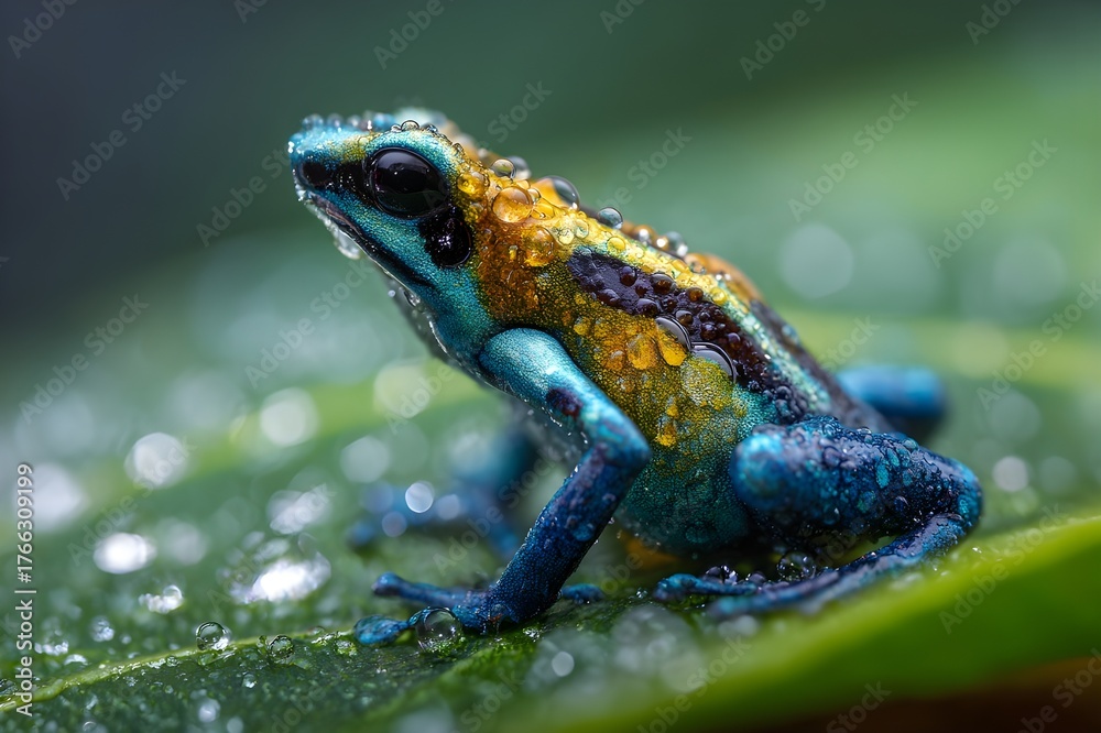 Obraz premium A vibrant poison dart frog clinging to a dewy leaf in a lush rainforest, water droplets sparkling on its colorful skin