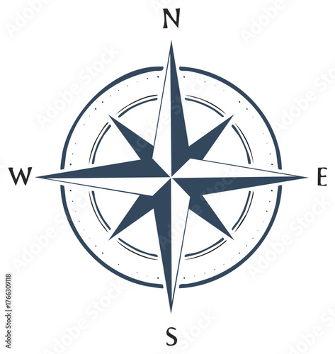Classic compass rose vector illustration with north, south, east, and west directions. Nautical design.