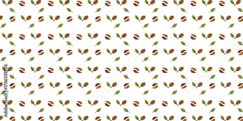 Coffee bean and green leaves pattern scattered on a white background, perfect for cafe designs, packaging or menu backgrounds