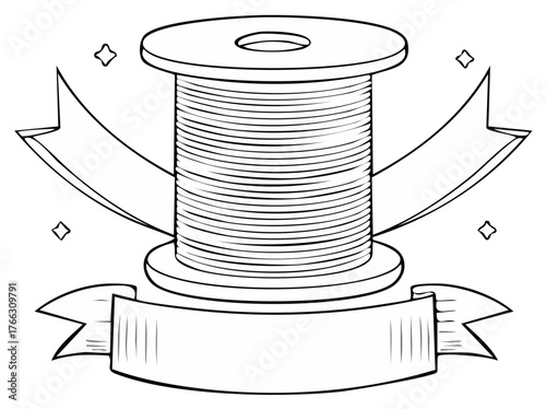 Thread Spool with Ribbon Banner and Sparkles Outlined, Craft Supply, Textile Accessory