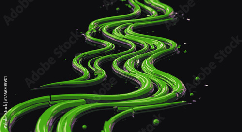 An intricate pattern of glowing green liquid streams and scattered droplets curves elegantly upwards against a deep black backdrop, evoking modern energy.