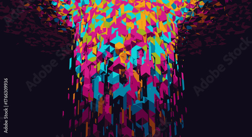 A striking abstract design featuring a dynamic stream of brightly colored polygonal elements, creating a captivating visual flow against a deep, dark, and mysterious backdrop.