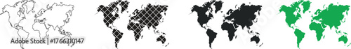 World map silhouettes in four design styles: outline, pixelated, solid black, and solid green. Global geography icons for digital, educational, or design use. Modern vector world maps.