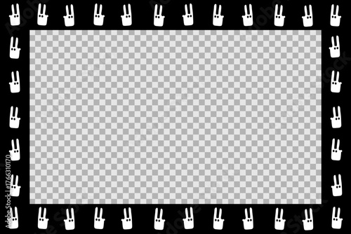 Cute horizontal black frame with white hares. Flat vector design. Space for congratulations and text. Isolated on  checkerboard background.