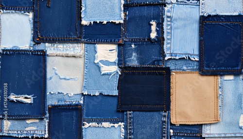 Seamless denim patchwork background with rough torn edges and textures