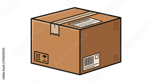 Isometric vector illustration of a sealed cardboard shipping box with labels and tape, isolated on a white background.