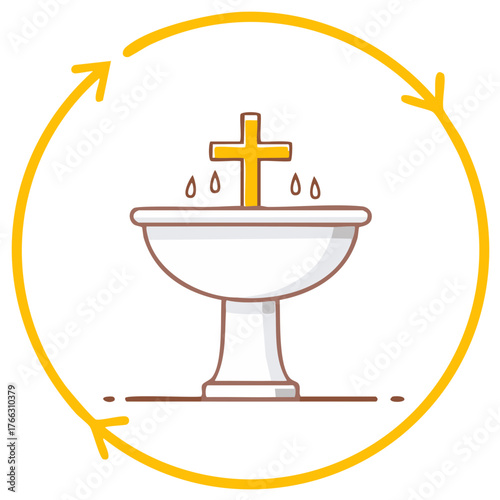 Church baptismal font with cross and drops in a circle illustration