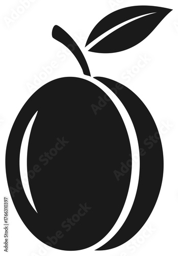 Plum Illustration, Single Fruit with Stem and Leaf, Black and White Graphic Icon, Fresh Food, Simple, Isolated