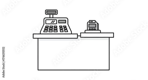 A simple black and white line drawing of a store checkout counter with a cash register and a payment terminal.