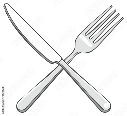 Crossed dining knife and fork vector illustration depicting mealtime utensils