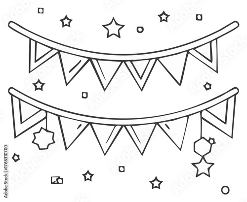 Outline drawing of festive party bunting banners with scattered stars and confetti. Perfect for celebration and decoration coloring.