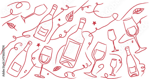 Whimsical hand drawn illustration of wine bottles and glasses with festive string lights and leaves