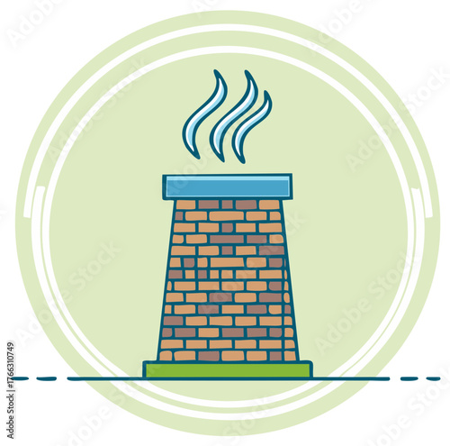 Brick chimney with blue top emitting steam, inside a pale green circle