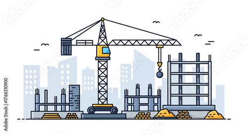 Construction site illustration with a crane, buildings, and construction materials in a cityscape.