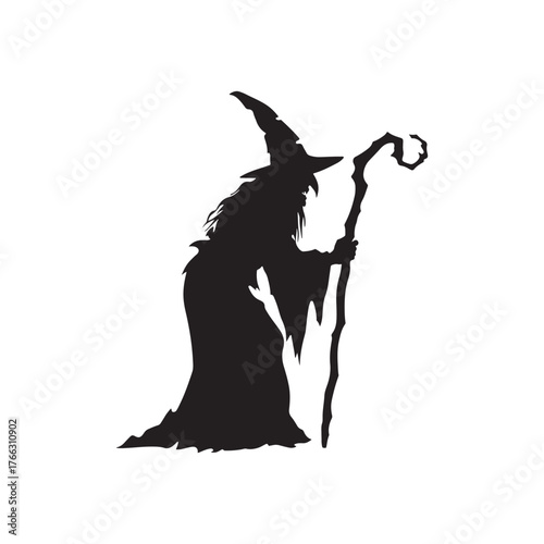 wise old wizard or sorcerer holding a staff silhouette vector illustration.