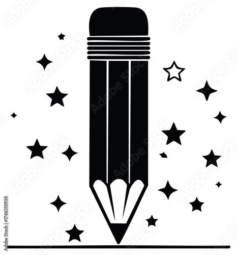 Magical Pencil Drawing a Straight Line Surrounded by Sparkling Stars Illustration