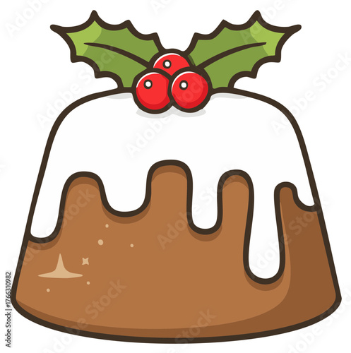 Festive Cartoon Pudding with Holly Berries for Christmas Holiday