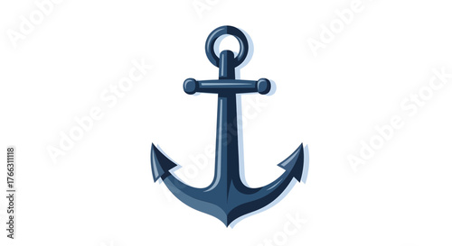 A classic dark blue ship anchor with a metallic sheen on a plain white background, symbolizing stability and maritime travel.