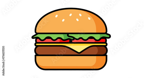 Illustration of a burger with lettuce, tomato, cheese, and a patty between two buns.