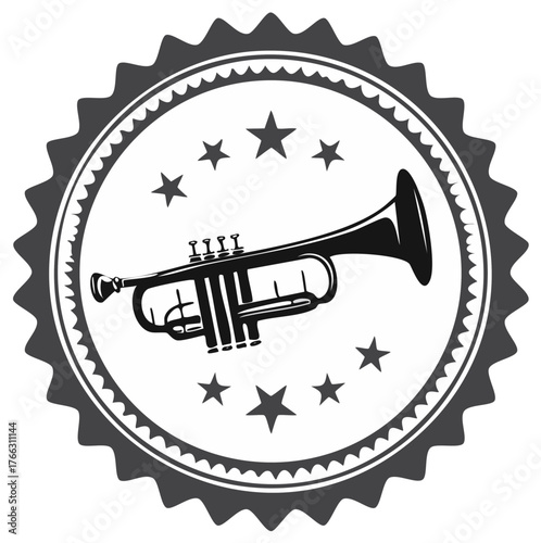 Retro jazz trumpet musical instrument icon surrounded by stars in a circular badge