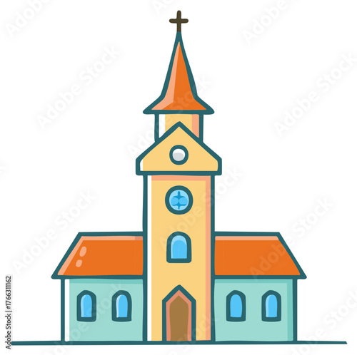 Whimsical cartoon of colorful church building with steeple, clock face, and cross ornament on peak, representing faith