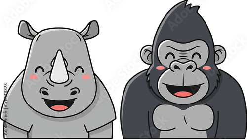 Charming Cartoon Rhino Gorilla Vector Cheerful Smiling Animals Happy Wildlife Friends Flat Design Illustration Isolated on Transparent Background Adorable Mammals